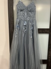 Women s Gray Tulle Floral Applique Beaded Lace-Up Back Long Formal Gown