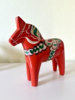 Dala Pferd, 20 cm, Nils Olsson, Schweden, mit Original-Etikett, Sammler-Objekt