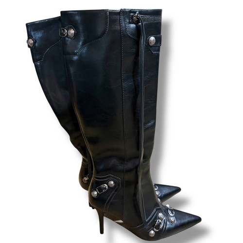 Sexy Knee High Boots Stiletto Heel Pointed Toe Buckle Detail Black Dupe Sz 7.5 - Picture 12 of 23