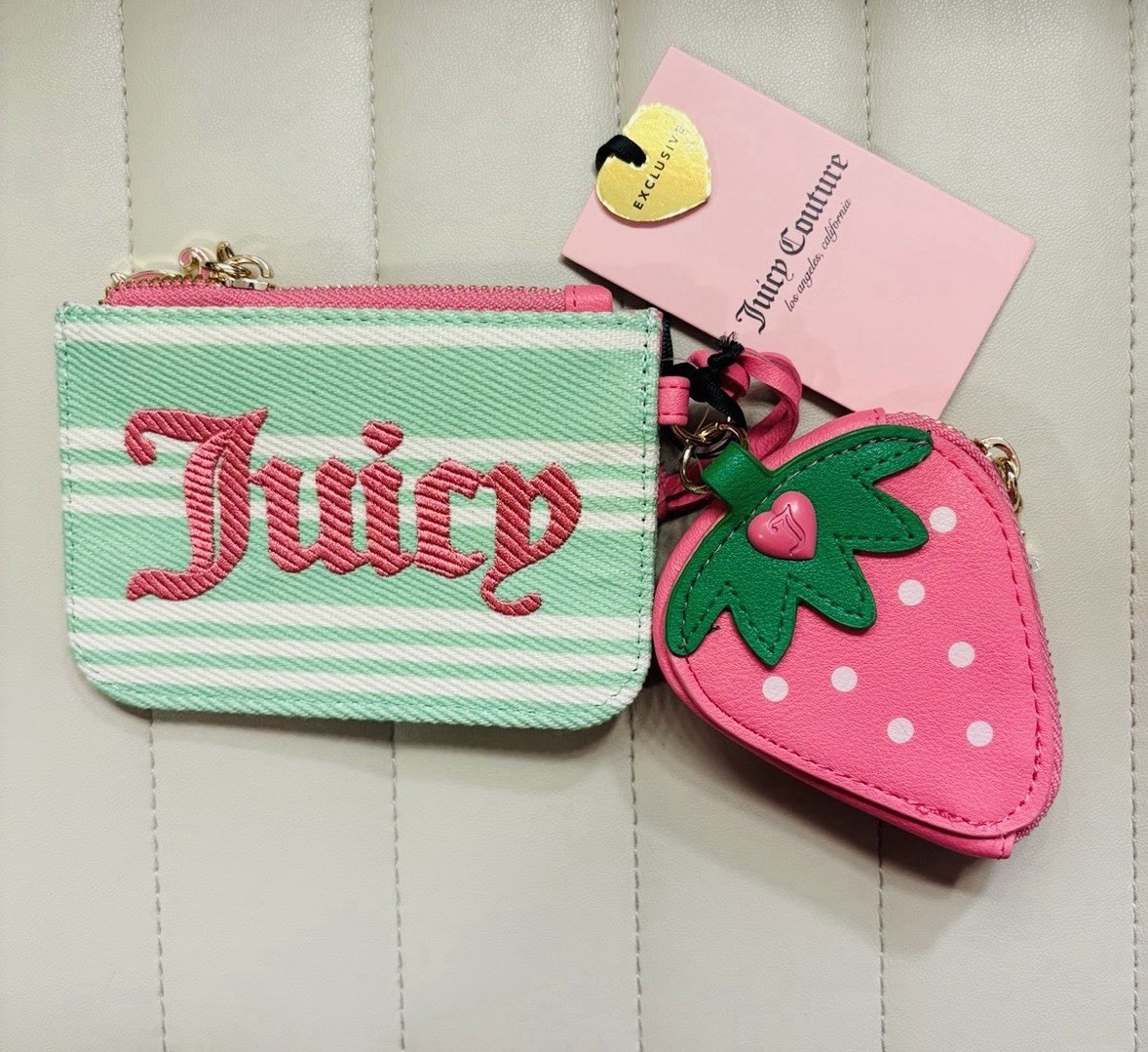 🍓NWT Juicy Couture Pink Strawberry Coin Purse & Striped Wallet Keychain Set