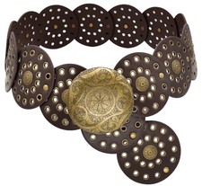 Wide Disc Belt for Women Boho Concho Leather Belts Vintage 101 cm Coffee