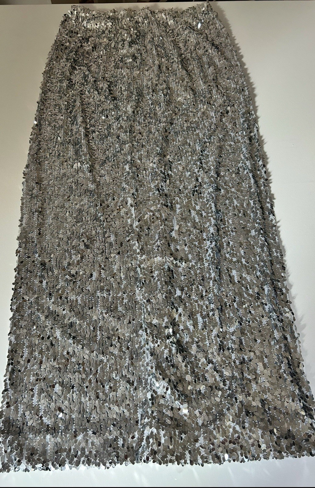 Silver Sequin Long Stretch Skirt in Size L for Elegant Glamour