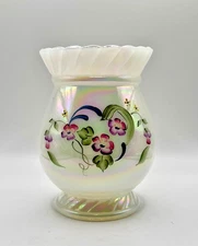 Fenton Iridescent Hand Painted VASE White Floral 5" Vintage