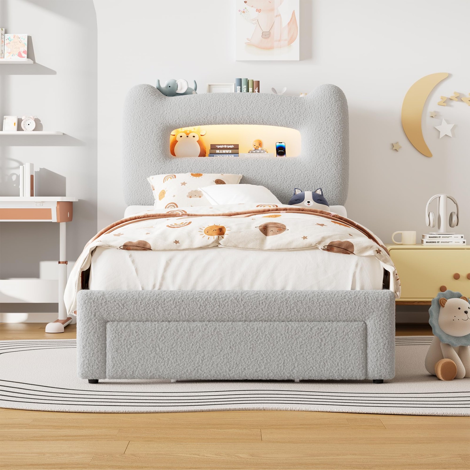 Upholstered Platform W/ Storage Headboard For Kids Girls Boys