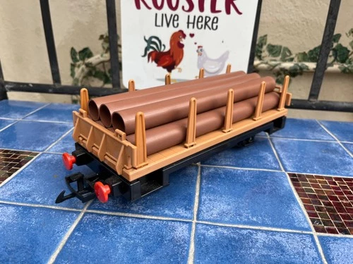 Vintage 1985 Playmobil Cargo Flatbed Train Car 4105 W Pipes