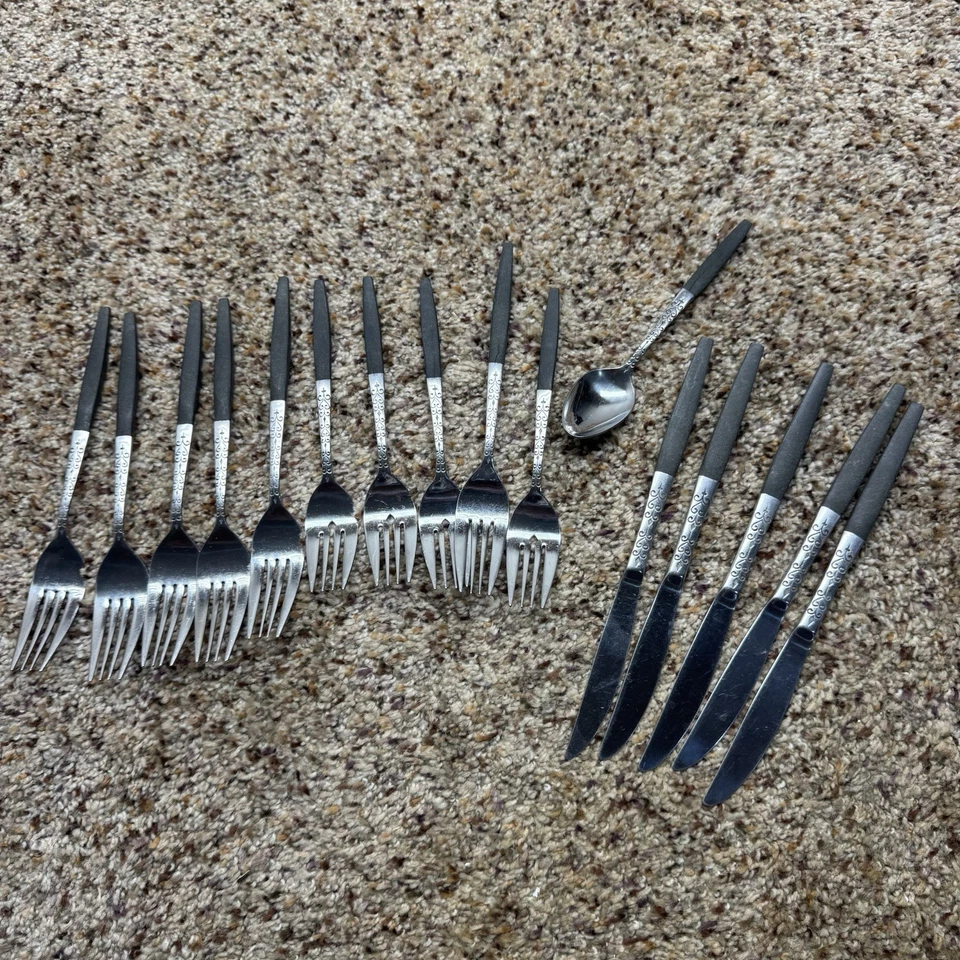 Lote de 16 cubiertos vintage de acero inoxidable con mango marrón Interpur Japón INR2 MCM Foto 3 de 4