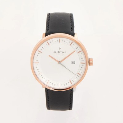 Nordgreen Philosopher Herrenuhr 40 mm Roségold Schwarz Lederarmband