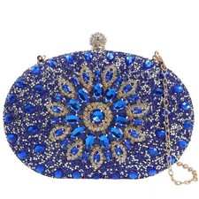 Royal Blue Rhinestone Floral Clutch Evening Purse Detachable Gold Chain