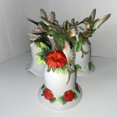 Vintage Porcelain Hummingbirds and Flowers Bells Lot of 3