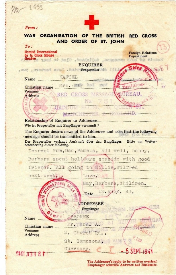 GB Channel Islands WW2 RED CROSS Message GUERNSEY 1941 Manchester *751* MAX33 - Image 3 of 4