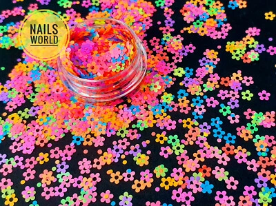 NAILS WORLD FLOWER Neon Nail Art Glitter 3D BLOSSOM Sequins Decoration Summer Holiday UK
