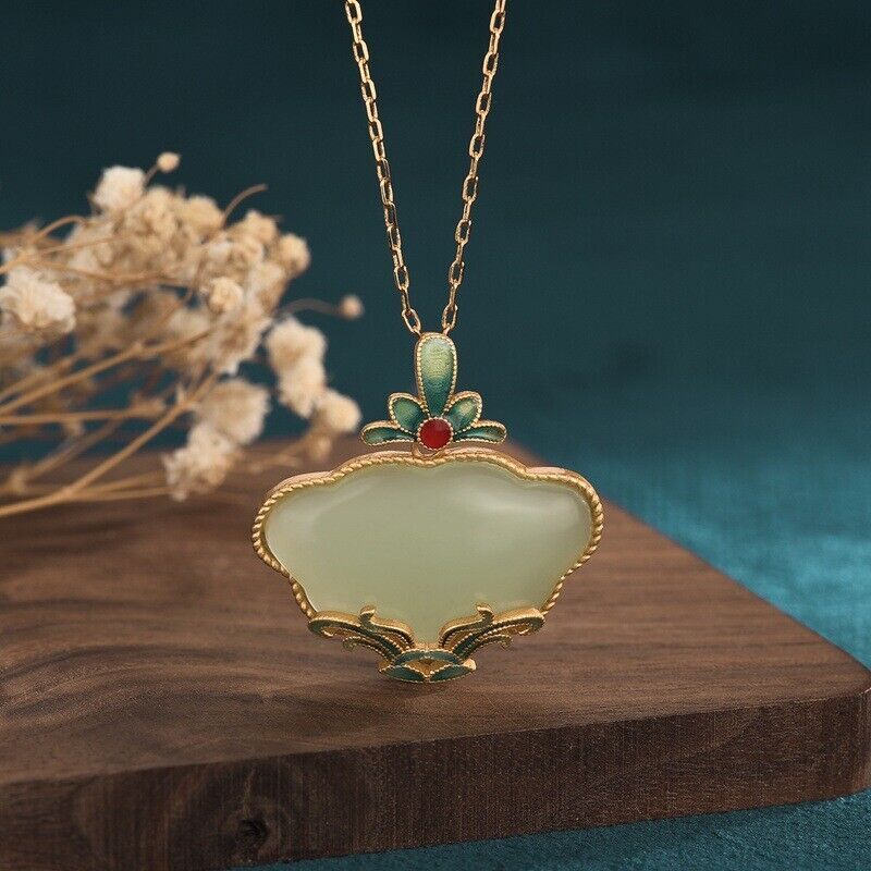 Natural Jade Flower Pendant Necklace 18K Gold Plated Amulet Real Jewelry
