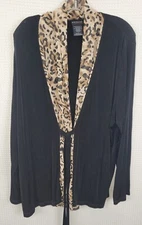 Citiknits Black Belted Cardigan with Leopard Print Trim Size 1X