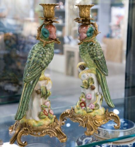 Porcelain Ornate Parrots with Bronze Ormolu Candle Holders ,14.5"H - Picture 1 of 8