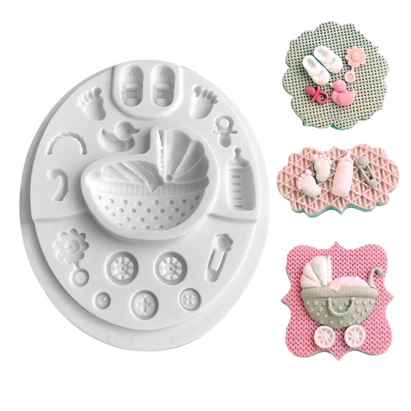Silicone Baby Shower Themed Pram Bottle Shoes Sugarcraft Mould DIY Clay Resin