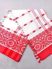 Women's Pure Cotton White & Red saree without Blouse