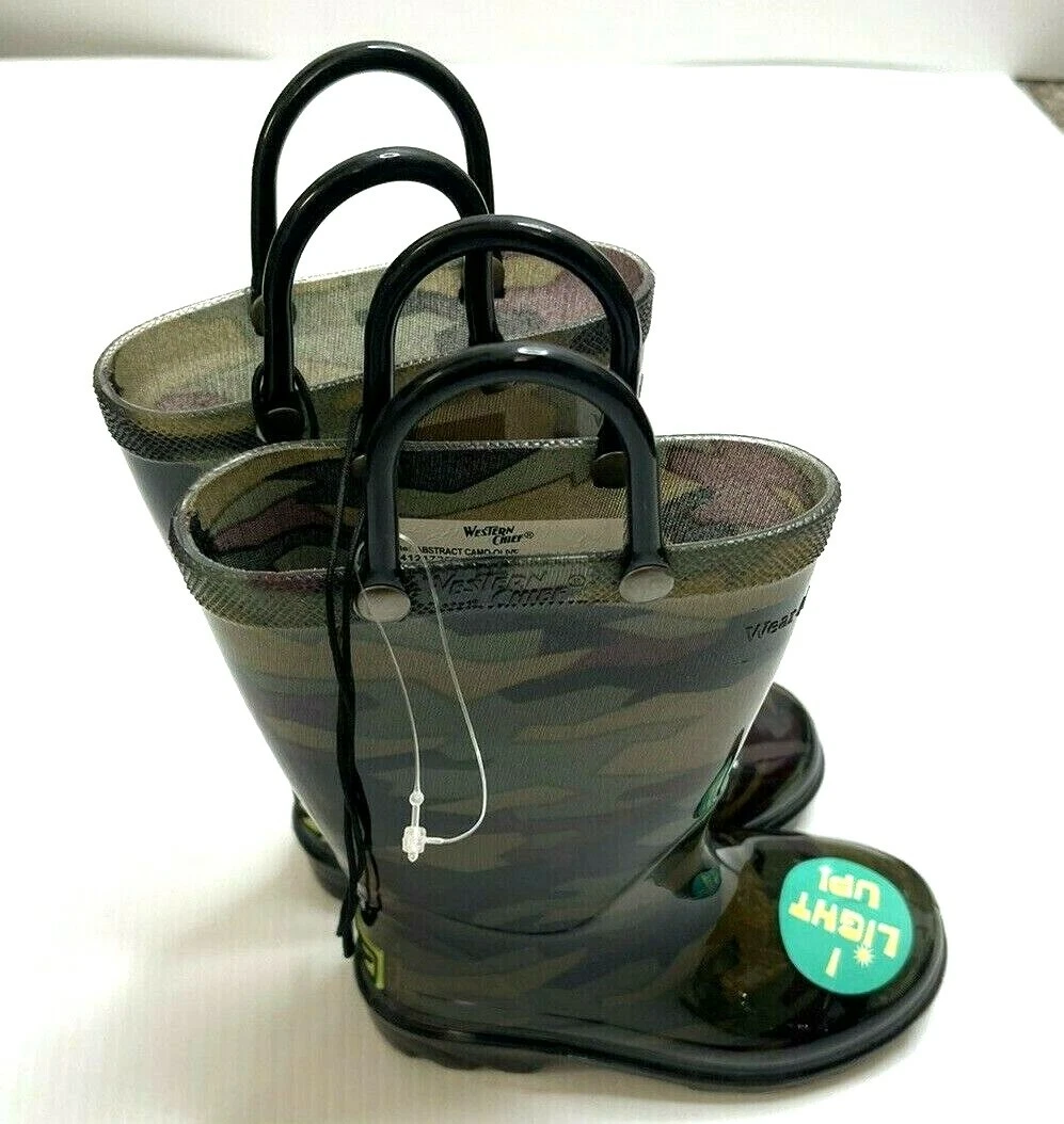 Western Chief Abstract Camo Olive Kids Light Up Waterproof Rain