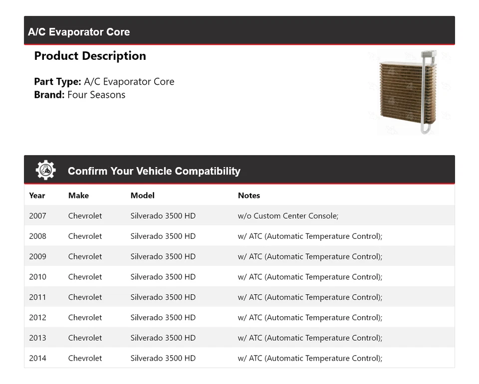 Para Chevrolet Silverado 3500 HD 2007-2014 núcleo evaporador aire acondicionado 4 estaciones 2008 Foto 2 de 4