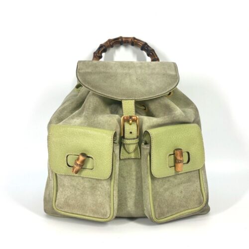 GUCCI 003.1119 Bamboo Backpack vintage bag Backpack suede Green - Picture 1 of 14