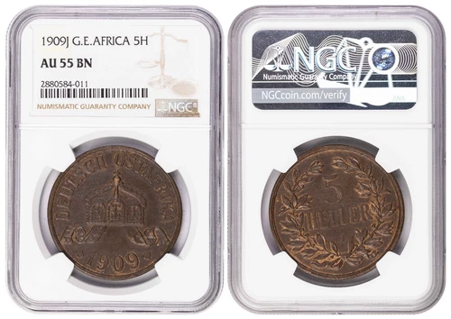 *** NGC *** GERMAN EAST AFRICA *** 5 HELLER 1909 *** AU55 *** CV ~ $400 *** b3