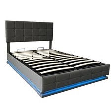 Ottoman Storage Gas Lift Up 4ft6 Double Size PU Leather Bed Frame with LED Grey