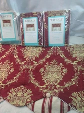 Waverly Chatham Momento Red Gold Floral Stripe Button Valance 80" x 15" Set of 3