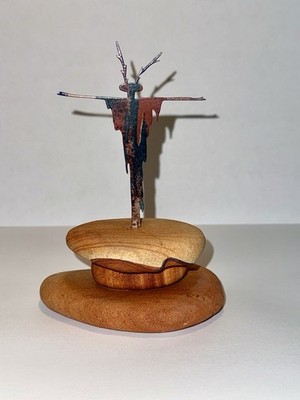 Enameled Metal Art Figurine On Stone Base 5'' Great Native American Southwest