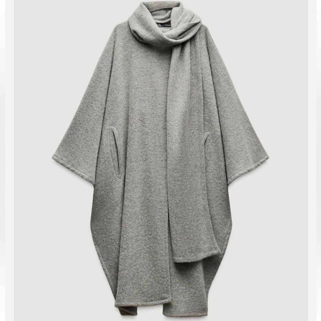 New Viral ZARA Alpaca Wool Scarf Cape Coat ZW Collection Grey