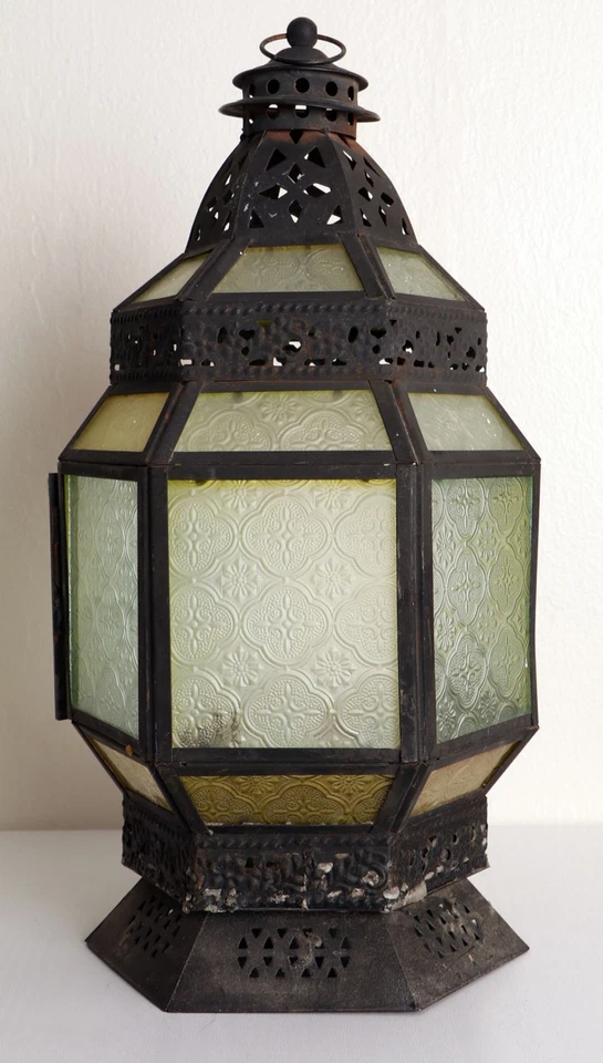 Linterna colgante de metal de vidrio verde marroquí de los años 60 vintage pantalla de lámpara de vela Foto 4 de 4