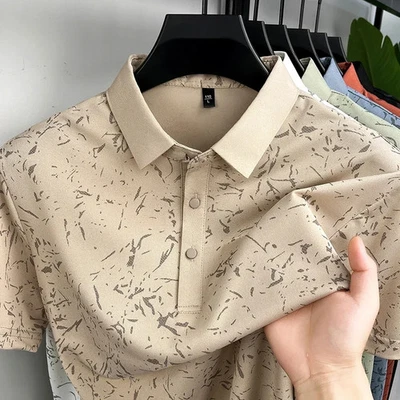 Mens Abstract Print Polo Shirts Short Sleeve Casual Business Golf Shirt Breathab - Image 1 of 4