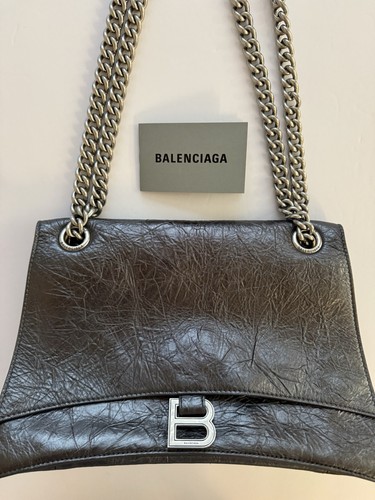 Authentic Balenciaga Crush Chain Bag M Metallized Crushed Calf Steel Grey WT