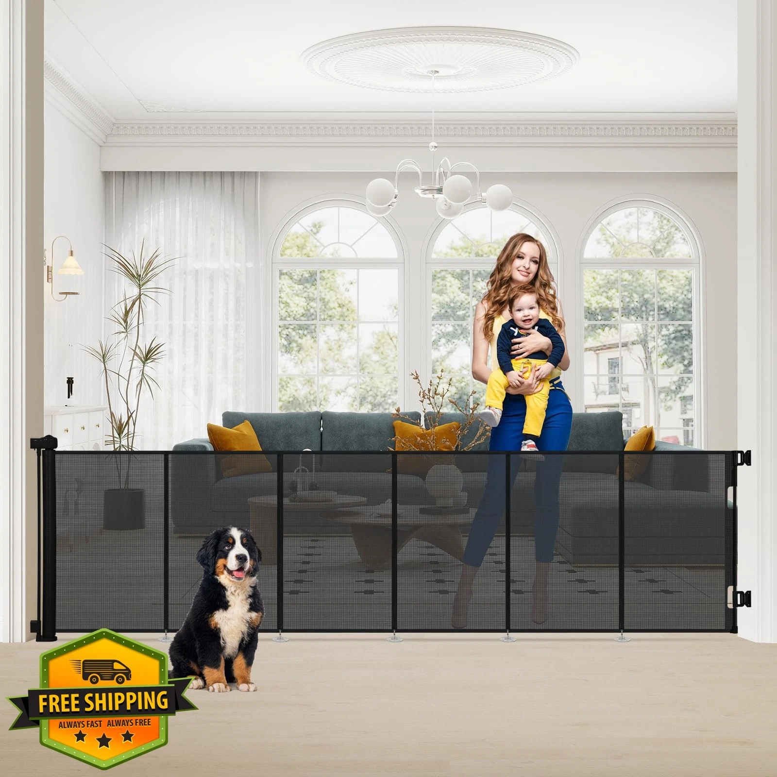 SMONTER Extra Wide Retractable Dog Gate Black 118" Mesh Safety