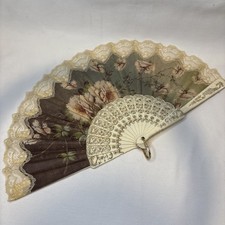 Vintage Folding Hand Fan Floral Lace Trim Carved Frame Victorian Style 17in