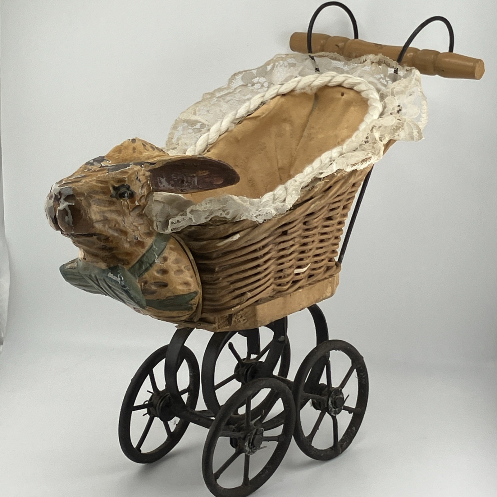 Vintage Rabbit Bunny Head Baby Doll Carriage Wicker Wood Metal