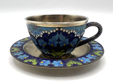 RARE TASSE ET SOUS-TASSE EN ARGENT MASSIF VERMEIL EMAIL ORIGINE RUSSIE
