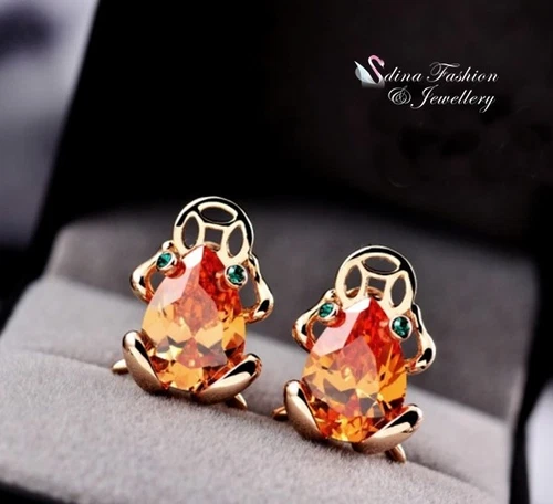 18K Rose Gold Filled Made With Swarovski Crystal Lucky Frog French Clip Earrings
