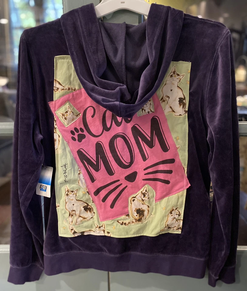 Chaqueta de Pista Reciclada Para Mujer Reelaborada Talla M Púrpura Terciopelo Cremallera GATO MAMÁ Foto 2 de 4