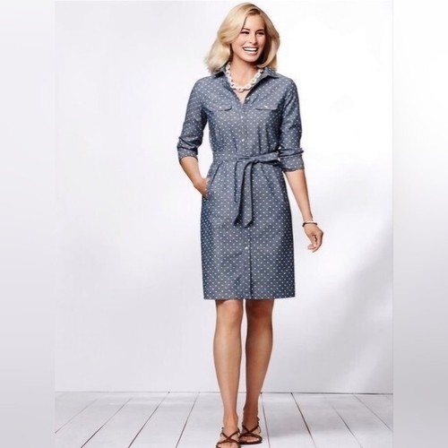 Talbots Size 4 Chambray Polka Dot Tie Waist Shirt Dress Classic Preppy Cotton