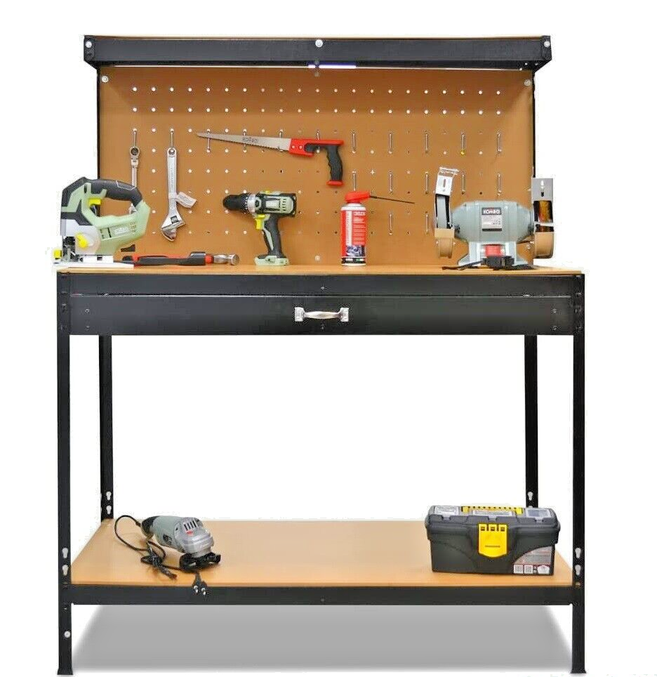 Tavolo Banco da Lavoro in Acciaio con Pannello Forato e Cassetto 121x61x93/150h