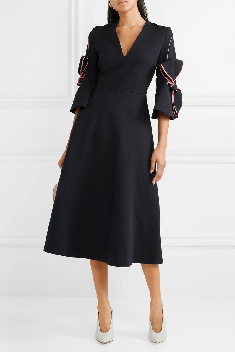 NEW Roksanda SIBELLA Bow Satin Trimmed Midi Dress Navy UK 12 US 8