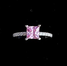 Fancy Pink CZ Princess Cut Sterling Silver Promise/Wedding 925 Ring Size 7 w/Box