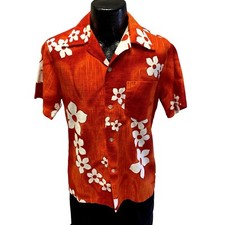 Vtg 60's Penneys Men Red Orange FLORAL Hawaiian BARKCLOTH MoD SURFER Surf Shirt