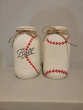 Baseball Theme Painted  Ball Mason Jar Vase Off White Distressed Decor