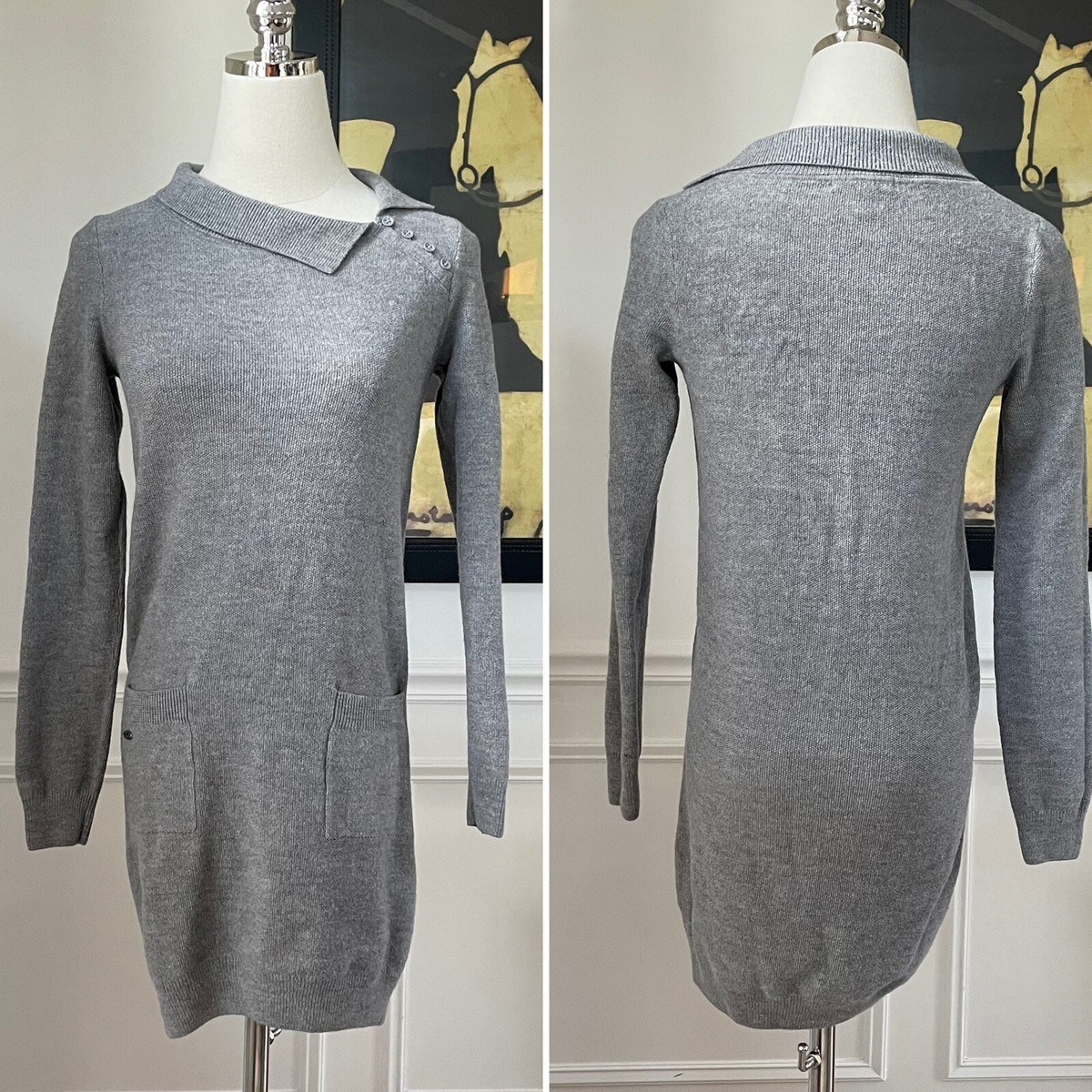 Lacoste Long Sleeve Knit Sweater Dress Asymmetrical Collar Grey 36 XS