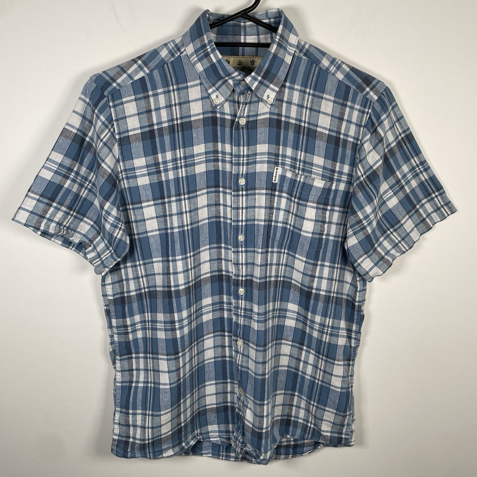 Barbour Linen Mix 2 Shirt Square Pattern Regular Fit Blue Mens Size UK S