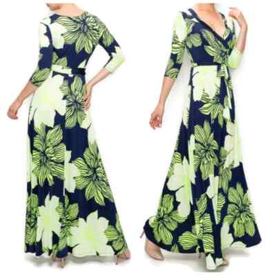 Janette Fashion Navy Lime Amaryllis Floral Faux Wrap Maxi Dress | eBay