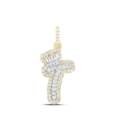 10K Yellow Gold Diamond Bubble Font Initial T & Crown Mini Letter Pendant 1/5 CT