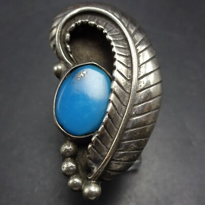 LOVELY Old Vintage 1960 1970s TURQUOISE APPLIED LEAF Sterling Silver RING size 5