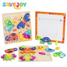 Montessori Wooden Puzzle for Toddler 3-in-1 Animal Shape Learning Drawing Board