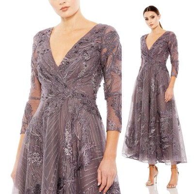 MAC DUGGAL 20336 Embellished Wrap Over 3/4 Sleeve Dress Aubergine 18 $698